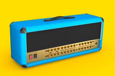 Klasik elektrik ve akustik gitar amplifikatörü sarı arka planda izole edildi. Stüdyo veya prova odasında bas gitar kaydetmek için 3D yükseltici