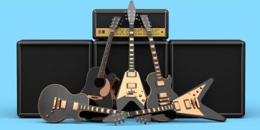 Mavi arka planda elektrikli akustik gitar ve amplifikatör seti. Müzik dükkanı için heavy metal gitarlı 3D rock festivali posteri.