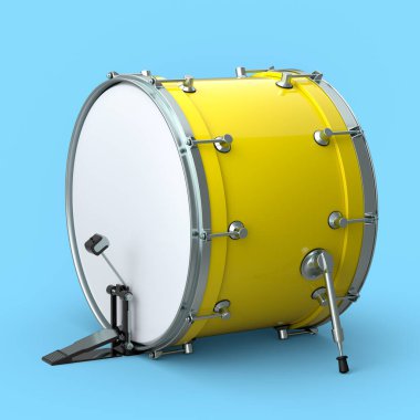 Mavi arka planda pedalı olan gerçekçi bir davul. 3D render müzik aleti, davul makinesi konsepti.