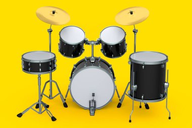 Sarı arka planda metal zilleri olan gerçekçi davullar. 3D render müzik perküsyon enstrümanı, davul makinesi ve bateri seti