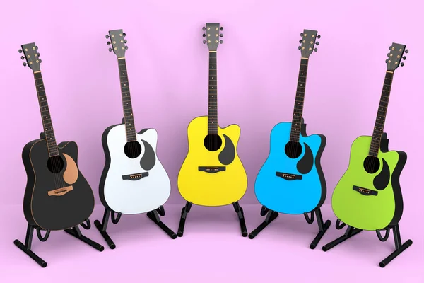 一套在粉红背景上隔离的电声吉他 音乐商店用重金属吉他摇滚音乐节海报的3D渲染概念 — 图库照片