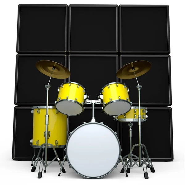 Set of realistic drums with metal cymbals or drumset and amplifier on white background. 3d render concept of musical percussion instrument, drum machine and drumset