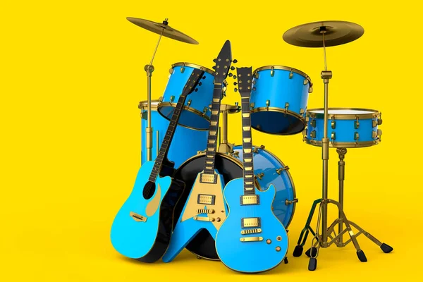 Set Realistic Drums Metal Cymbals Stands Acoustic Guitars Yellow Background — Stock Photo, Image