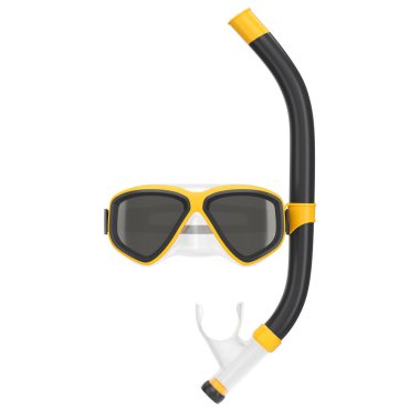 Beyaz arka planda turuncu dalış maskesi ve şnorkel izole edilmiş. 3D dalış ve şnorkelle yüzme ekipmanı