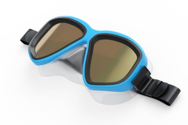 Mavi dalış maskesi beyaz arka planda izole edilmiş. 3D dalış ve şnorkelle yüzme ekipmanı