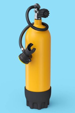 Mavi arka planda, dalış için turuncu dalış tüpü tam oksijen izole edildi. Yaz tatili için 3D dalış ve spor malzemesi.