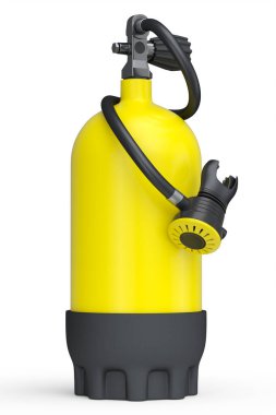 Sarı dalış tankı beyaz arka planda izole edilmiş şnorkelle yüzmek için tam oksijen. Yaz tatili için 3D dalış ve spor malzemesi.