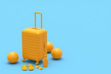 Renkli bavul ya da tek renkli mavi arka planda plaj aksesuarları olan bavul. Yaz tatili konsepti ve tatillerinin 3 boyutlu canlandırması