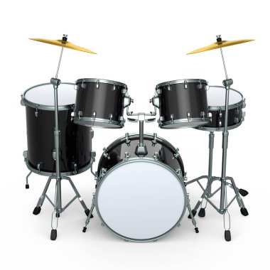 Beyaz arka planda metal zilleri olan gerçekçi davullar. 3D render müzik perküsyon enstrümanı, davul makinesi ve bateri seti