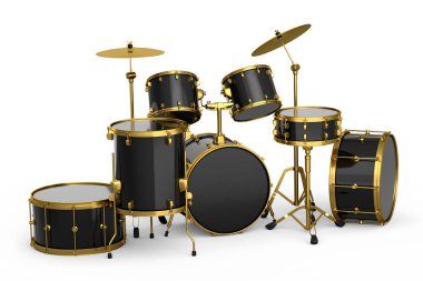 Beyaz arka planda metal zilleri olan gerçekçi davullar. 3D render müzik perküsyon enstrümanı, davul makinesi ve bateri seti