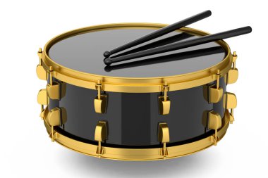 Gerçekçi davul ve tahta bagetler beyaz arka planda. 3D render müzik aleti, davul makinesi konsepti.