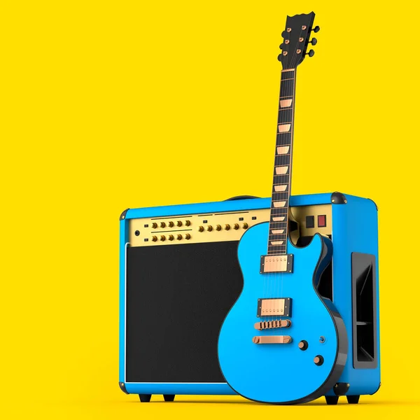 黄色の背景に絶縁された電気的または音響ギターを持つ古典的なアンプ スタジオやリハーサル室でベースギターを録音するためのアンプの3Dレンダリング ロックフェスティバルのポストのコンセプト — ストック写真
