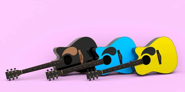 Conjunto Guitarra Acústica Eléctrica Aislada Sobre Fondo Rosado Render Concept —  Fotos de Stock