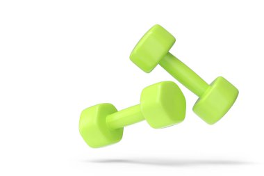 Beyaz arka planda izole edilmiş bir çift lastik yeşil dambıl. Spor malzemelerinin fitness ve powerlift için 3D yorumlaması