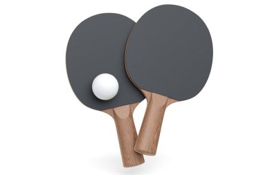 Masa tenisi için masa tenisi raketleri ve beyaz arka planda izole edilmiş top. Aktif eğitim için 3D spor ekipmanı hazırlama