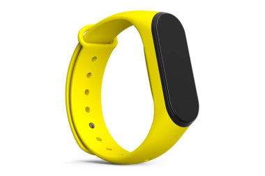 Sarı fitness takip cihazı ya da kalp atış hızı monitörü olan akıllı saat beyaz arka planda izole edilmiş. Etkin eğitim ve giyilebilir aygıt için 3D spor ekipmanı hazırlama.