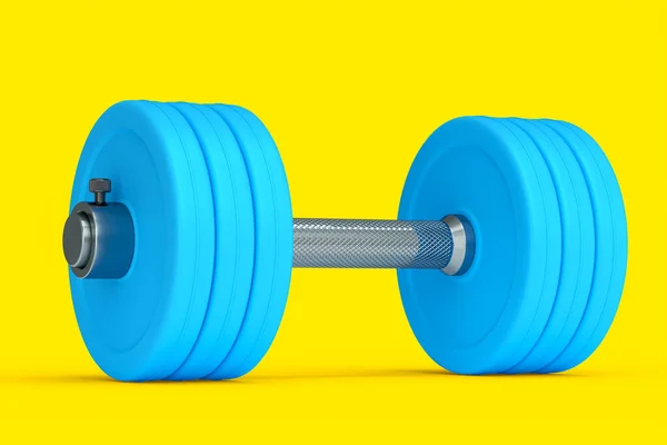 金属哑铃 蓝色圆盘隔离在黄色背景上 3D提供用于健身和举重的体育设备 — 图库照片