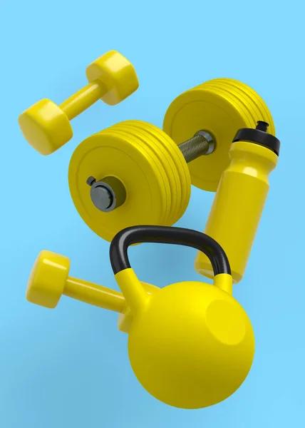 Vliegende Sportuitrusting Zoals Kettlebell Halter Waterfles Blauwe Achtergrond Weergave Van — Stockfoto