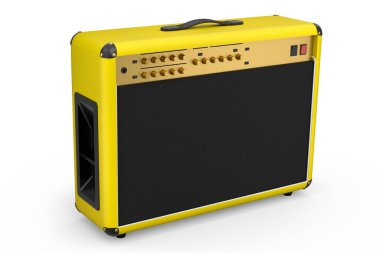 Beyaz zemin üzerinde klasik elektrik ve akustik gitar amplifikatörü izole edildi. Stüdyo veya prova odasında bas gitar kaydetmek için 3D yükseltici