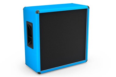 Beyaz zemin üzerinde klasik elektrik ve akustik gitar amplifikatörü izole edildi. Stüdyo veya prova odasında bas gitar kaydetmek için 3D yükseltici