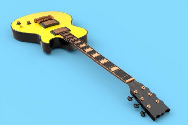 Yakın plan elektirikli akustik gitar mavi arka planda izole edilmiş. Müzik dükkanı için heavy metal gitarlı 3D rock festivali posteri.