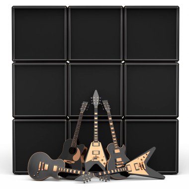 Beyaz arka planda elektrikli akustik gitar ve yükseltici seti. Müzik dükkanı için heavy metal gitarlı 3D rock festivali posteri.