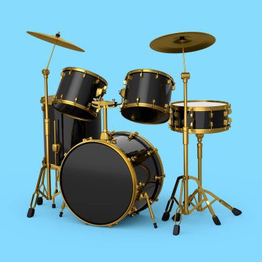 Mavi arka planda metal zilleri olan gerçekçi davullar. 3D render müzik perküsyon enstrümanı, davul makinesi ve bateri seti
