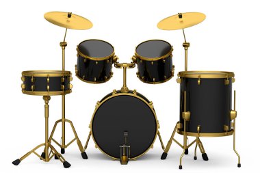 Beyaz arka planda metal zilleri olan gerçekçi davullar. 3D render müzik perküsyon enstrümanı, davul makinesi ve bateri seti