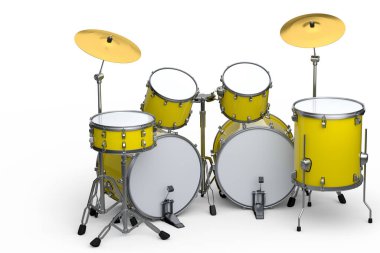 Beyaz arka planda metal zilleri olan gerçekçi davullar. 3D render müzik perküsyon enstrümanı, davul makinesi ve bateri seti