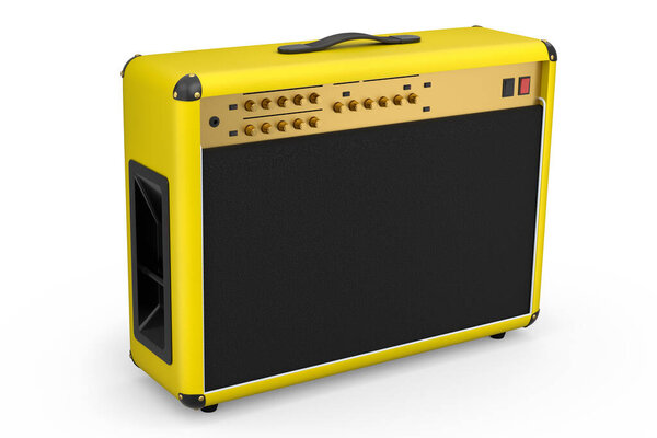 Classical electric and acoustic guitar amplifier isolated on white background. 3d render of amplifier for recording bass guitar in studio or rehearsal room