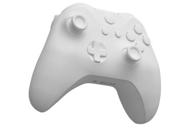 Beyaz tek renkli arka planda gerçekçi video oyunu joystick 'i. Bulut oyunu ya da şampiyon ve kazanan ödülleri konsepti için 3B yayın ekipmanı