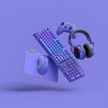 Fare, klavye, joystick, kulaklık, mor masa arkasında VR kulaklık gibi uçan oyun dişlileri. Canlı yayın konsepti üst görünümü için 3d aksesuar hazırlama