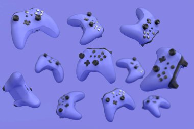 Uçan oyun joystickleri ya da mor arka planda bulanık oyun koruyucuları. Canlı yayın konsepti üst görünümü için 3d aksesuar hazırlama
