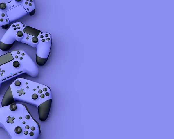 Conjunto Joysticks Jugador Mentiroso Gamepads Sobre Fondo Púrpura Con Desenfoque — Foto de Stock