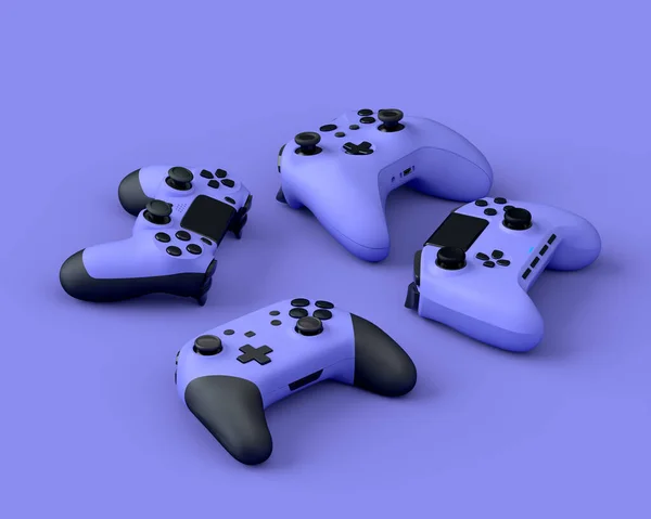 Set Lying Gamer Joysticks Gamepads Purple Background Blur Rendering Accessories — Stock Photo, Image