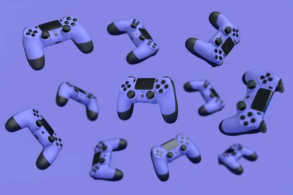 ブラーで紫色の背景にフライングゲーマージョイスティックやゲームパッド ライブストリーミングコンセプトのトップビューのためのアクセサリーの3Dレンダリング — ストック写真