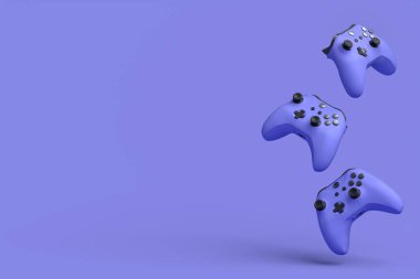Uçan oyun joystickleri ya da mor arka planda oyun pedleri. Canlı yayın konsepti üst görünümü için 3d aksesuar hazırlama