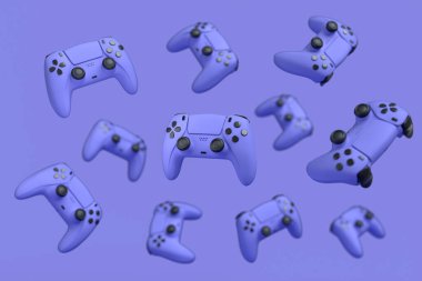 Uçan oyun joystickleri ya da mor arka planda bulanık oyun koruyucuları. Canlı yayın konsepti üst görünümü için 3d aksesuar hazırlama