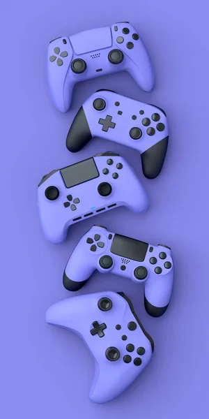 Set Lying Gamer Joysticks Gamepads Purple Background Blur Rendering Accessories — Stock Photo, Image