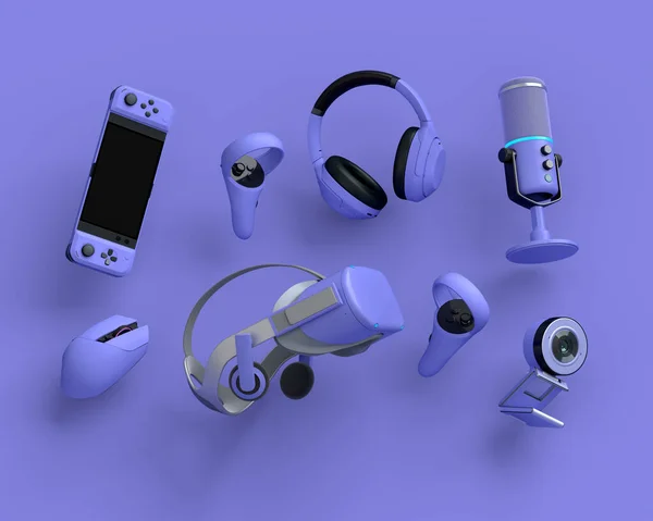 Flying Gamer Γρανάζια Όπως Πληκτρολόγιο Joystick Ακουστικά Γυαλιά Μικρόφωνο Μωβ — Φωτογραφία Αρχείου