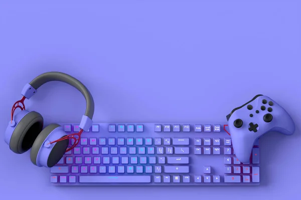 マウス キーボード 紫色のテーブルの背景にヘッドセットなどのゲーマーのワークスペースやギアのトップビュー ライブストリーミングコンセプトのトップビューのためのアクセサリーの3Dレンダリング — ストック写真