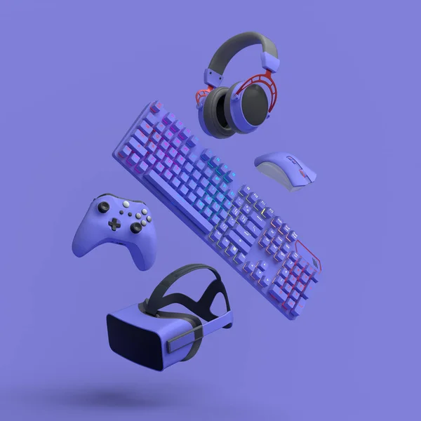 Flying Gamer Engranajes Como Ratón Teclado Joystick Auriculares Auriculares Sobre —  Fotos de Stock