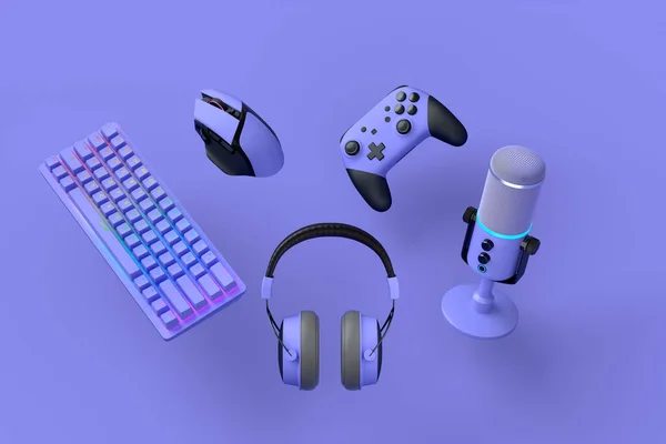 Flying Gamer Gears Mouse Keyboard Joystick Headset Headset Microphone Purple — Stock Photo, Image
