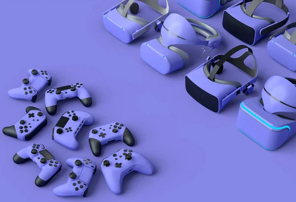 紫の背景にオンラインとクラウドゲームのための仮想現実のメガネとコントローラを表示します 拡張現実やVrの仮想ゲームで仮想デザインのためのデバイスの3Dレンダリング — ストック写真