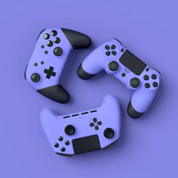ぼかしで紫色の背景に嘘ゲーマージョイスティックやゲームパッドのセット ライブストリーミングコンセプトのトップビューのためのアクセサリーの3Dレンダリング — ストック写真