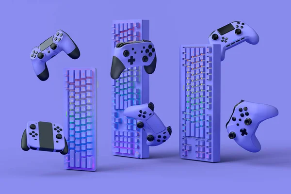 Set Flying Gamer Joysticks Keyboards Purple Background Rendering Accessories Live — Stock Photo, Image
