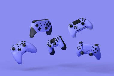 Uçan oyun joystickleri ya da mor arka planda bulanık oyun koruyucuları. Canlı yayın konsepti üst görünümü için 3d aksesuar hazırlama