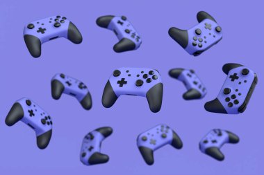 Uçan oyun joystickleri ya da mor arka planda bulanık oyun koruyucuları. Canlı yayın konsepti üst görünümü için 3d aksesuar hazırlama