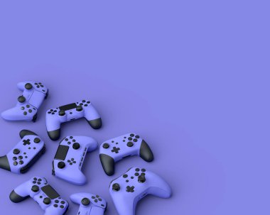 Mor arkaplanlı oyun çubukları ya da oyun kağıtları seti. Canlı yayın konsepti üst görünümü için 3d aksesuar hazırlama