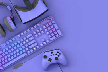 Oyun alanının üst görünümü ve fare, klavye, joystick, kulaklık, mor masa arkaplanındaki VR kulaklık gibi teçhizatlar. Canlı yayın konsepti üst görünümü için 3d aksesuar hazırlama